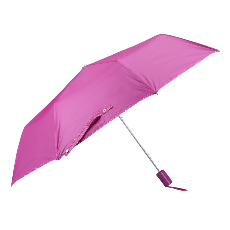 THE CLOWNFISH Umbrella Monochrome Series 3 Fold Auto Open Waterproof Water Repellent 190 T Polyester Double Coated Silver Lined Dotted Border Umbrellas For Men and Women (Dark Pink)