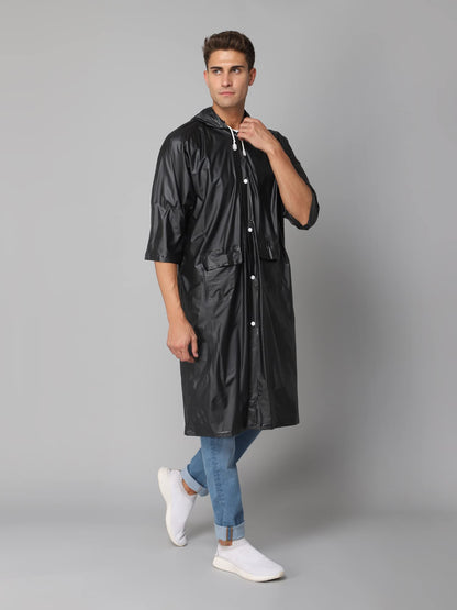 THE CLOWNFISH Raincoat for Men and Women Waterproof PVC Material Longcoat with Adjustable Hood Agro Pro Series (Black, Free Size)