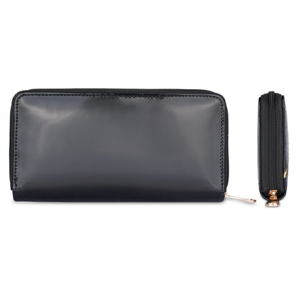 THE CLOWNFISH Katherine Collection Faux Leather Zip Around Style Womens Wallet Clutch Handheld Ladies Purse (Jet Black-Crocodile Finish)