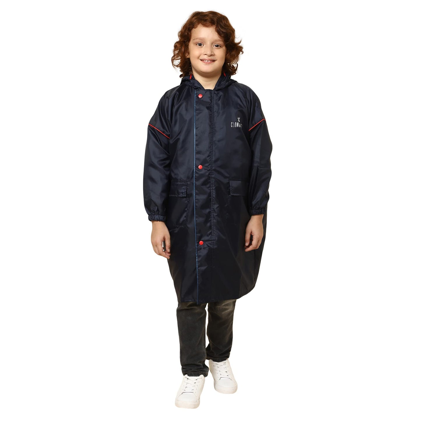 THE CLOWNFISH Oliver Series Kids Waterproof Polyester Double Coating Reversible Longcoat with Hood and Reflector Logo at Back. Printed Plastic Pouch. Kid Age-9-10 years (Blue)