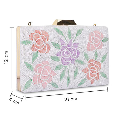 THE CLOWNFISH Anmol Collection Womens Party Clutch Ladies Wallet with Chain Strap Evening Sling Bag with Fashionable Beads Work Floral Design (Snow White)