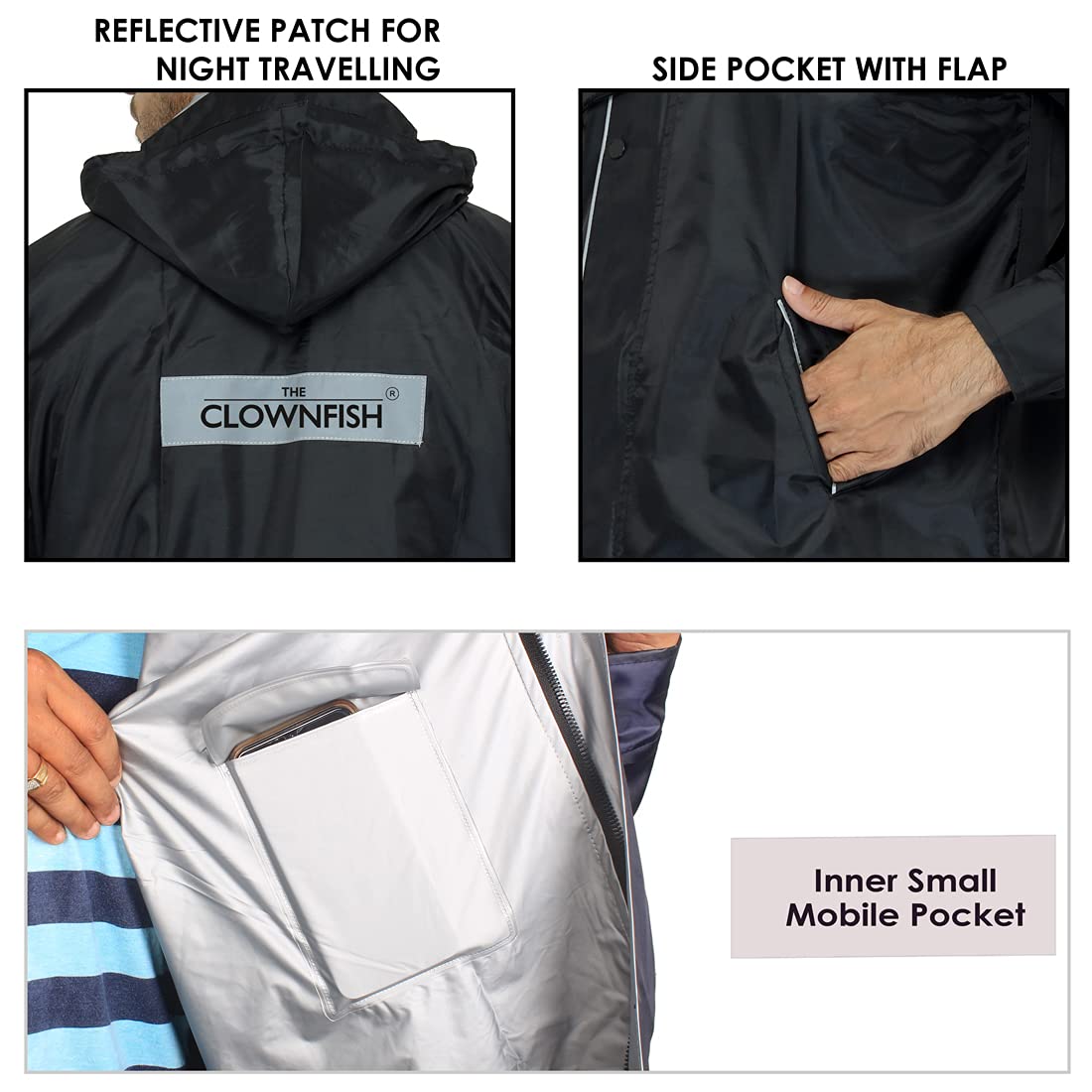 THE CLOWNFISH Rain Coat for Men Waterproof Raincoat with Pants Polyester Reversible Double Layer Rain Coat For Men Bike Rain Suit Rain Jacket Suit Inner Mobile Pocket with Storage Bag (Black XXL)