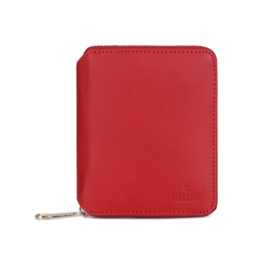 THE CLOWNFISH Zia Genuine Leather Bi-Fold Zip Around Wallet for Women with Multiple Card Slots & Coin Pocket (Red)