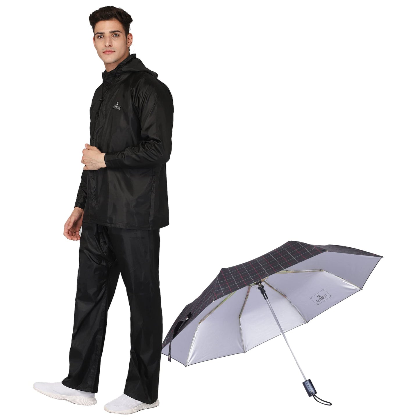 THE CLOWNFISH Polyester Combo Of Standard Length Rain Coat For Men Waterproof Polyester (Black Xl) Umbrella 3 Fold Waterproof Pongee (Checks Design- Dark Pink)