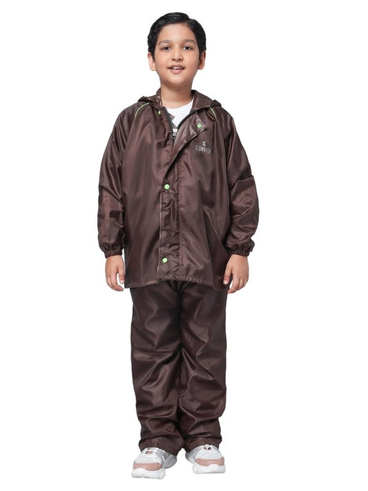 THE CLOWNFISH Duke Series Kids Waterproof Polyester Double Coating Reversible Standard Length Raincoat With Hood & Reflector At Back Set Of Top & Bottom Printed Plastic Pouch, Age-14-16 Years (Brown)