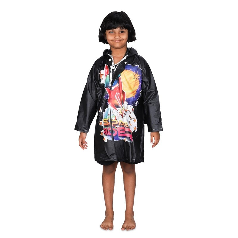 Kids Waterproof Longcoat with Adjustable Hood | Extra Backpack Space | Size 5-6 Years | Jet Black