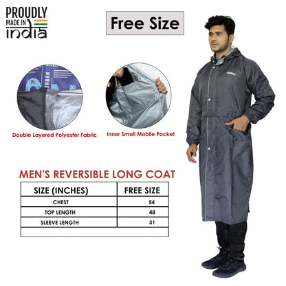 THE CLOWNFISH Polyester Reversible Use Unisex Waterproof Long Coat Standard Length Raincoat For Men&Women With Adjustable Hood And Reflector At Back For Night Visibility Opener Series(Grey-Free Size)