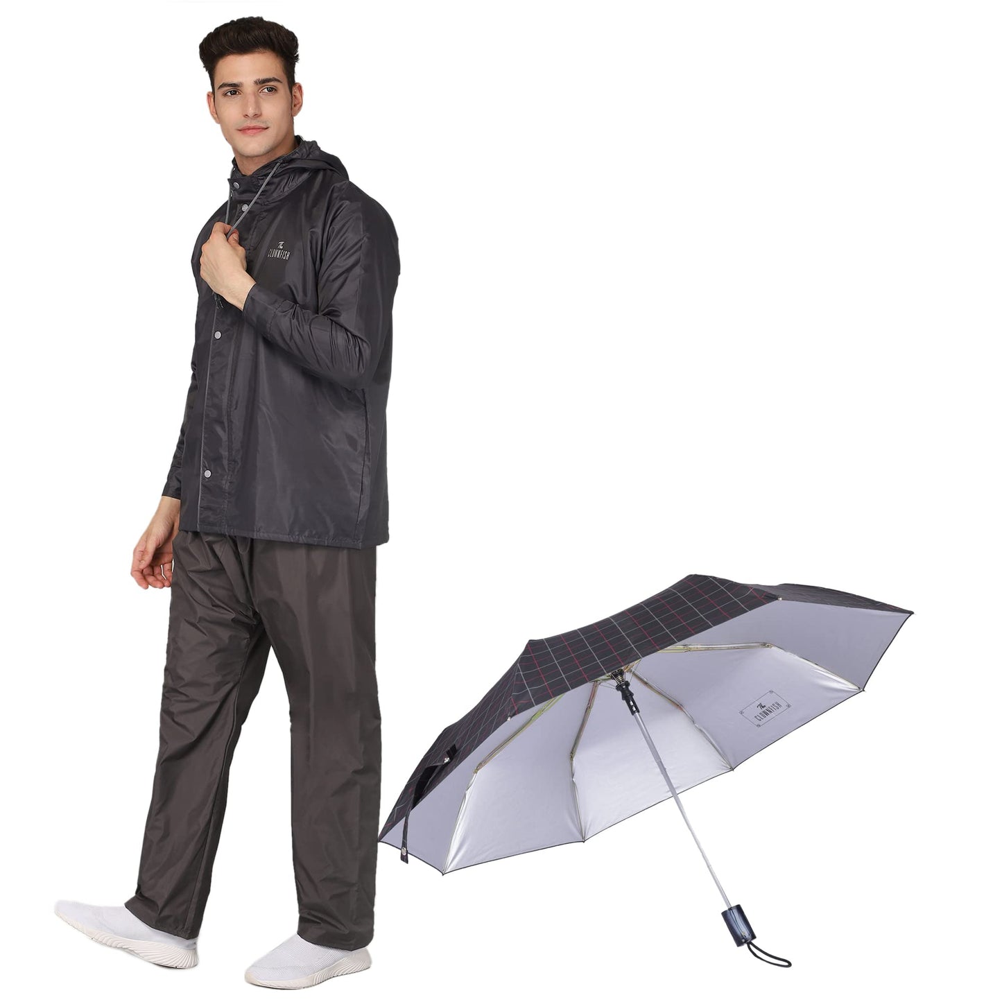 THE CLOWNFISH Polyester Combo Of Standard Length Rain Coat For Men Waterproof Polyester (Grey Xl) Umbrella 3 Fold Waterproof Pongee (Checks Design- Dark Pink), X Large