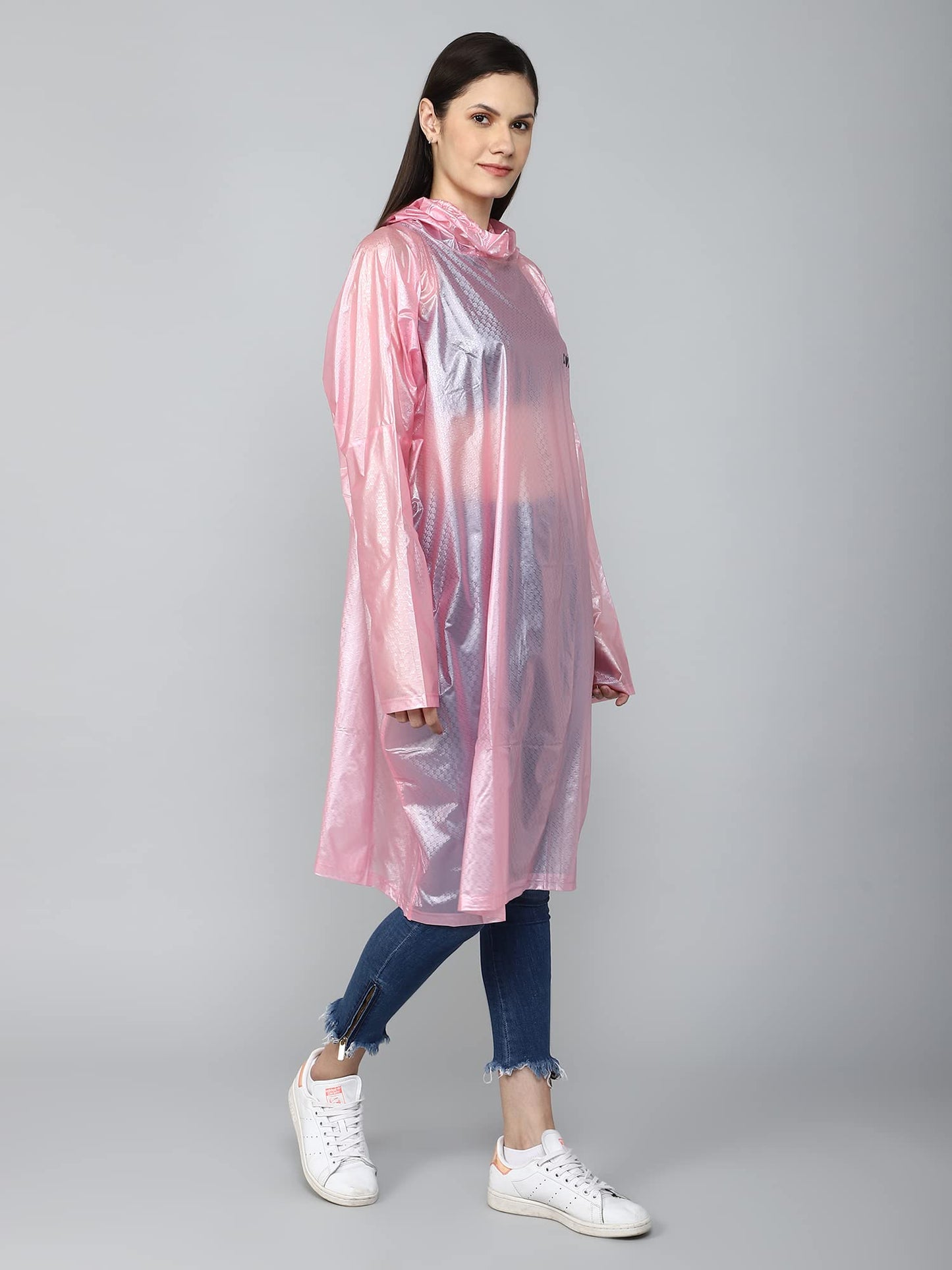 THE CLOWNFISH Avalon Series Womens Waterproof PVC Transparent Self Design Pullover Longcoat/Raincoat with Adjustable Hood (Pink, XX-Large)