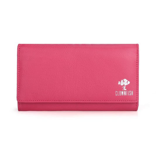 THE CLOWNFISH Elsa Collection Genuine Leather Tri-Fold Womens Wallet Clutch Ladies Purse with Multiple Card Slots & ID Card Windows (Dark Pink)