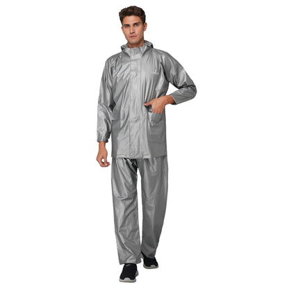 THE CLOWNFISH Oceanic Pro Series Men's Waterproof PVC Raincoat with Hood and Reflector Logo at Back for Night Travelling. Set of Top and Bottom (Grey, XL)