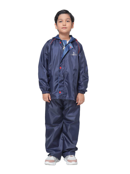 THE CLOWNFISH Duke Series Kid's Waterproof Polyester Double Coating Reversible Standard Length Raincoat With Hood And Reflector At Back Set Of Top And Bottom Printed Plastic Pouch Age-5-7 Years(Blue)
