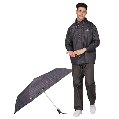 THE CLOWNFISH Polyester Combo Of Standard Length Rain Coat For Men Waterproof Polyester (Grey Xl) Umbrella 3 Fold Waterproof Pongee (Checks Design- Dark Pink), X Large