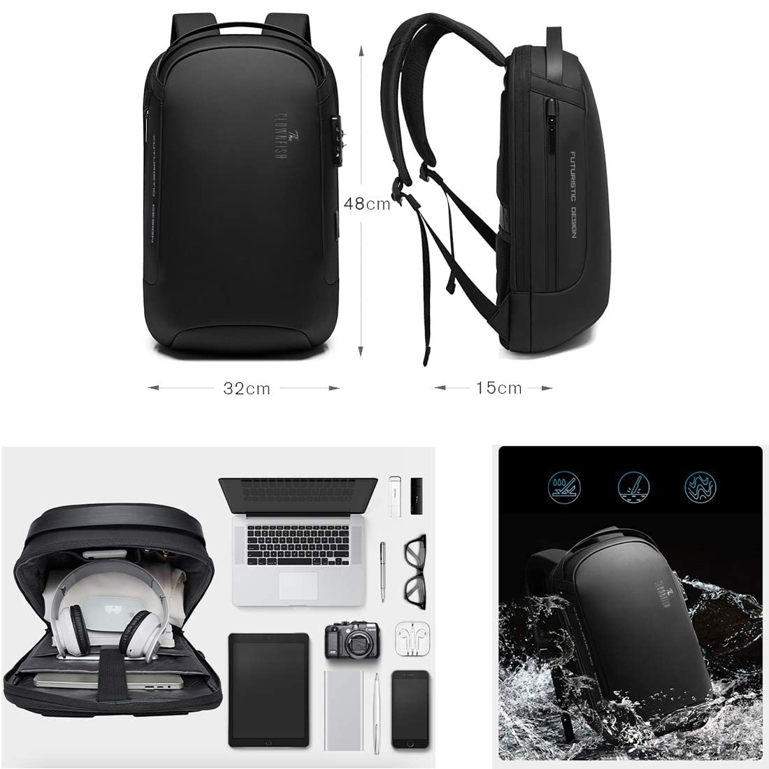 THE CLOWNFISH Water Resistant Anti-Theft Unisex Travel Laptop Backpack with USB Charging and Password Number Lock (Black)