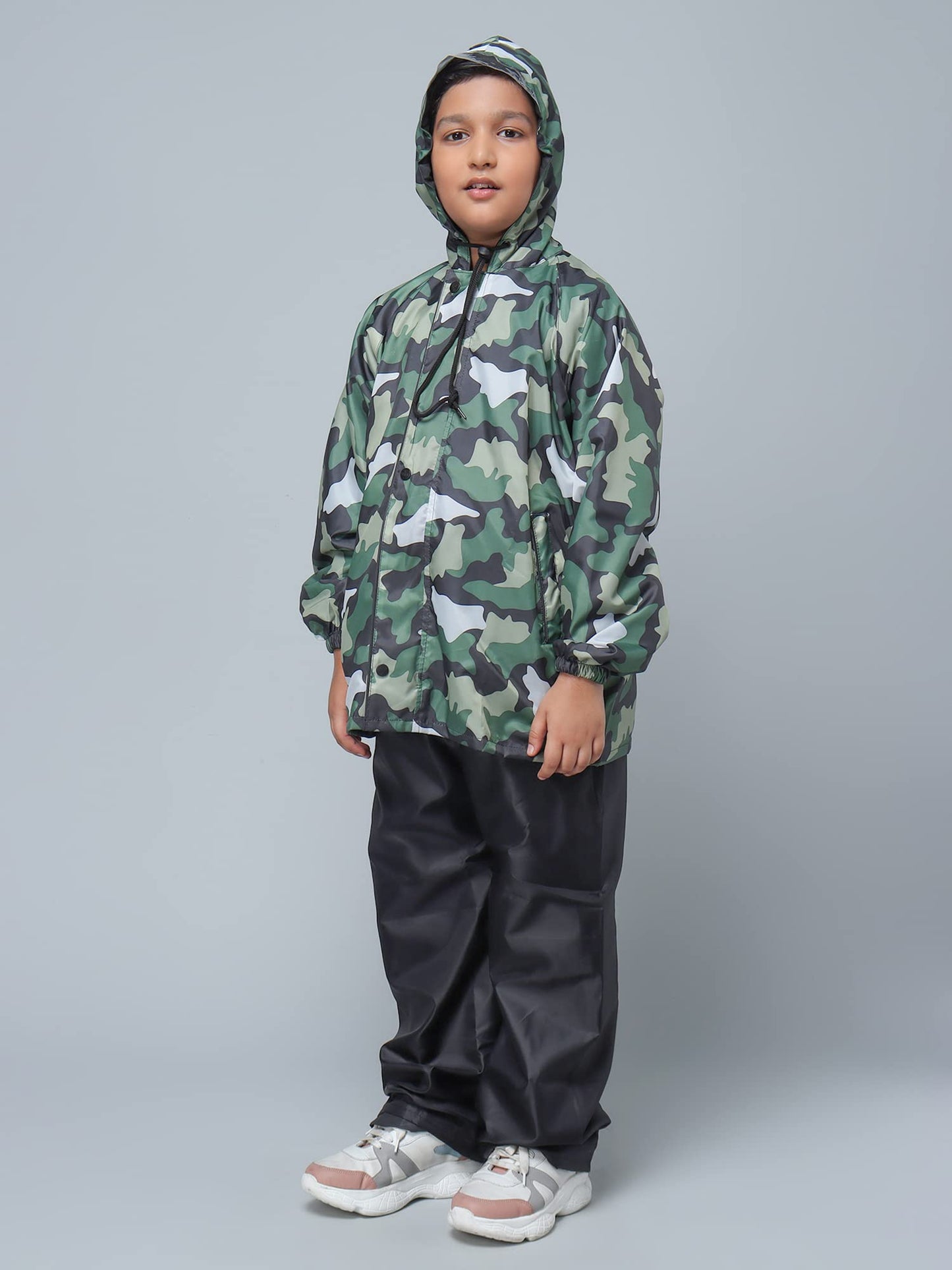 The Clownfish Comrad Series Kids Waterproof Nylon Double Coating Reversible Raincoat with Hood and Reflector Logo at Back. Set of Top and Bottom. Printed Plastic Pouch. Kid Age-14-16 years(Green Camo)