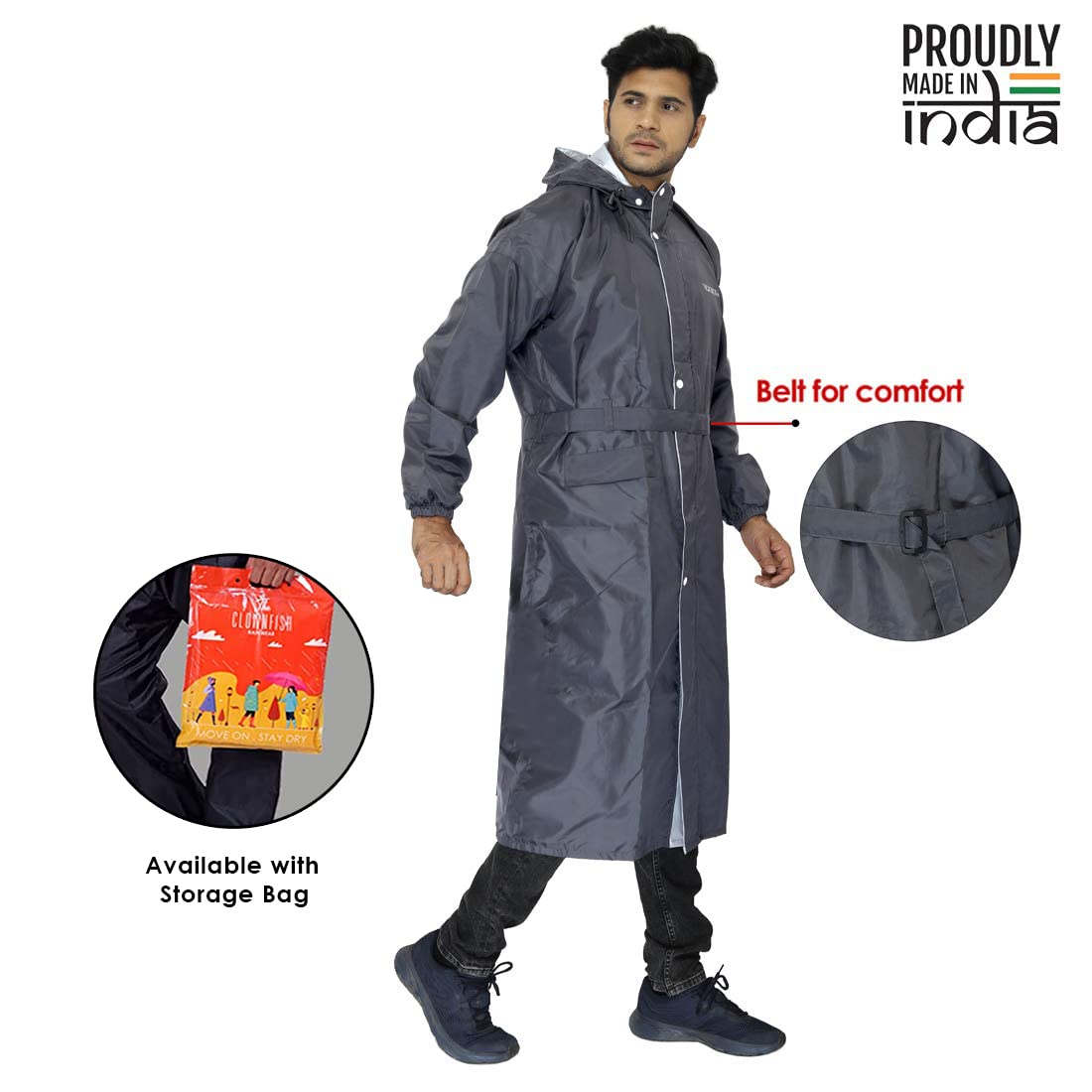 THE CLOWNFISH Polyester Reversible Use Unisex Waterproof Long Coat Standard Length Raincoat For Men&Women With Adjustable Hood And Reflector At Back For Night Visibility Opener Series(Grey-Free Size)