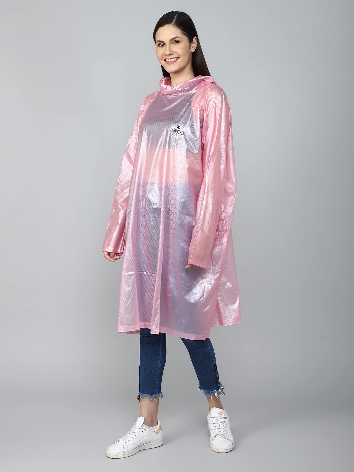 THE CLOWNFISH Avalon Series Womens Waterproof PVC Transparent Self Design Pullover Longcoat/Raincoat with Adjustable Hood (Pink, XX-Large)