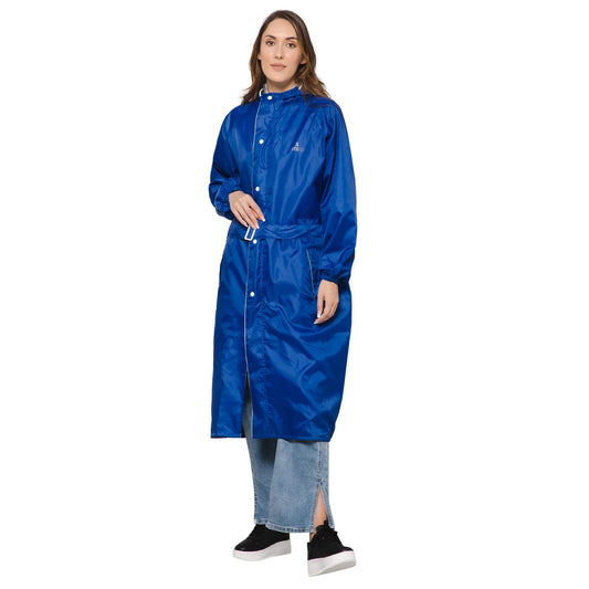 THE CLOWNFISH Polyester Long Length Raincoats For Women Raincoat For Ladies Waterproof Reversible Double Layer. Drizzle Diva Series (Royal Blue, 2XL)