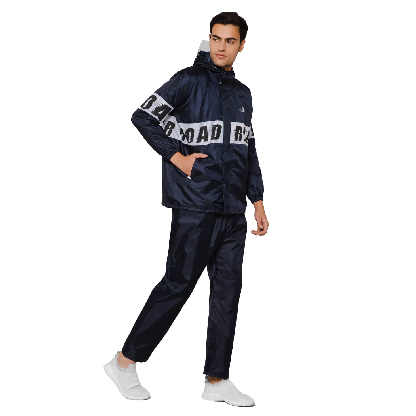 THE CLOWNFISH Road Rider Men's Waterproof Raincoat Polyester Double Coating Reversible Rain Suit with Hood & Inner Mobile Pocket. Set of Top and Bottom. Printed Plastic Pouch (Navy Blue, Large)