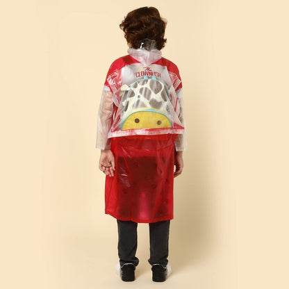 THE CLOWNFISH Laurel Series Kids Waterproof PVC Longcoat with Adjustable Hood & Extra Space for Backpack/Schoolbag Holding. Printed Plastic Pouch. Kid Age-12-13 years (Size-42-Red)