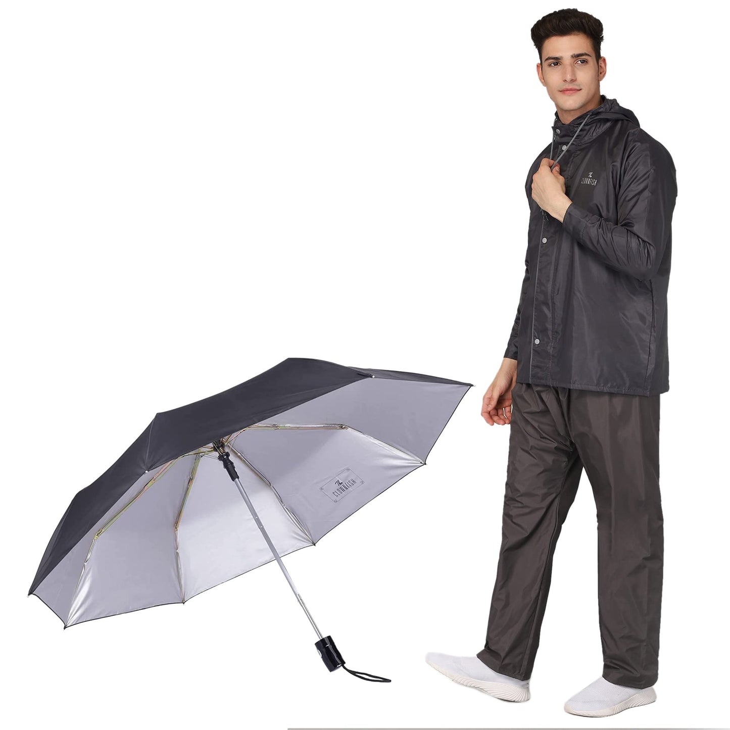 THE CLOWNFISH Combo Of Rain Coat for Men Waterproof Polyester (Grey XL) Umbrella Savior Series 3 Fold Waterproof Polyester (Black)