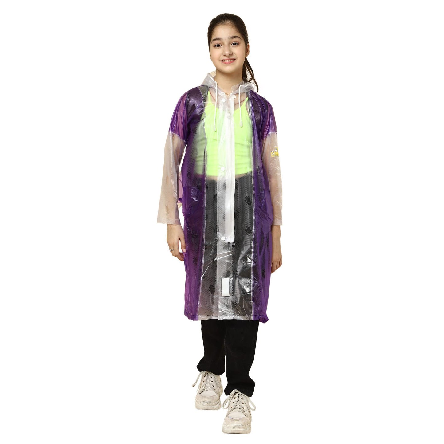 THE CLOWNFISH Archie Series Kids Waterproof PVC Longcoat with Adjustable Hood & Extra Space for Backpack/Schoolbag Holding. Plastic Pouch. Kid Age-8-9 years (Size-33-Purple)