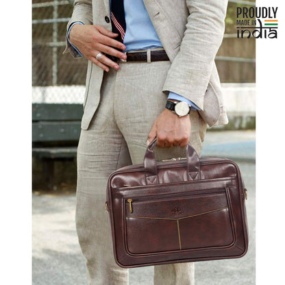 THE CLOWNFISH Unisex-Adult 16 Litre Faux Leather Expandable Capacity 15.6 Inch Laptop Messenger Bag Briefcase (Dark Brown)