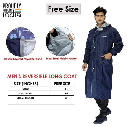 THE CLOWNFISH Men and Women Reversible Waterproof Polyester Raincoat with Adjustable Hood and Reflector at Back for Night Visibility (Blue,Free Size)