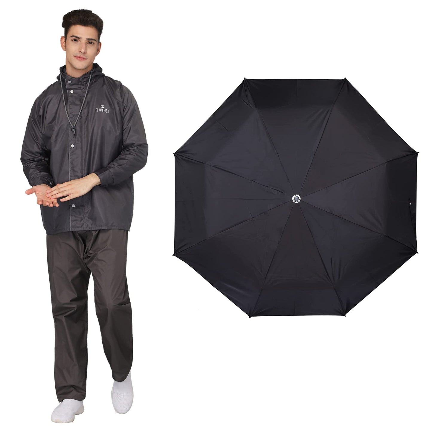 THE CLOWNFISH Combo Of Rain Coat for Men Waterproof Polyester (Grey XL) Umbrella Savior Series 3 Fold Waterproof Polyester (Black)