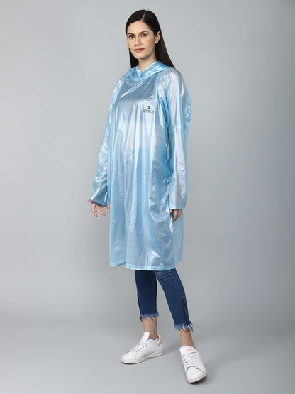 THE CLOWNFISH Avalon Series Womens Waterproof PVC Transparent Self Design Pullover Longcoat/Raincoat with Adjustable Hood (Sky Blue, XX-Large)