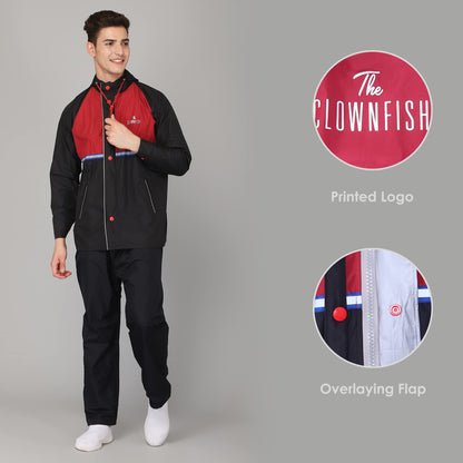 THE CLOWNFISH Christopher Men's Waterproof Polyester Double Coating Reversible Raincoat with Hood. Set of Top and Bottom. Printed Plastic Pouch with Rope (Black, X-Large)
