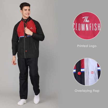 THE CLOWNFISH Christopher Men's Waterproof Polyester Double Coating Reversible Raincoat with Hood. Set of Top and Bottom. Printed Plastic Pouch with Rope (Black, Large)