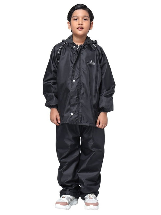 THE CLOWNFISH Duke Series Kids Waterproof Polyester Double Coating Reversible Raincoat with Hood and Reflector Logo at Back. Set of Top and Bottom. Printed Plastic Pouch. Kid Age-8-10 years (Black)