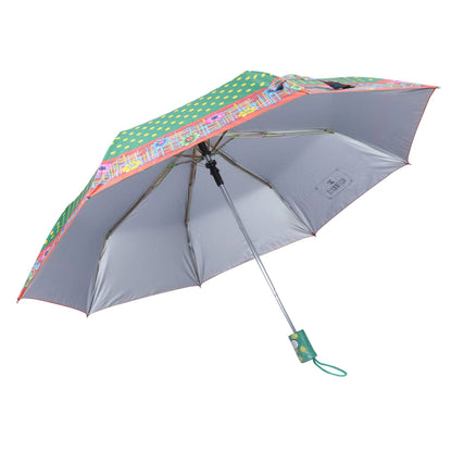 THE CLOWNFISH Umbrella Polka Dot Series 3 Fold Auto Open Waterproof Water Repellent Nylon Double Coated Silver Lined Umbrellas For Men and Women (Green with Peach border)