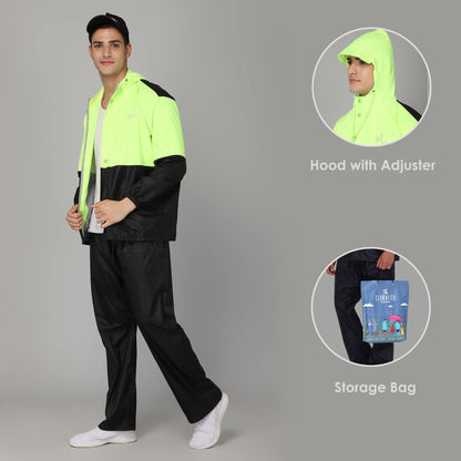 The Clownfish Julius Series Men's Waterproof Polyester Double Coating Raincoat with Hood and Reflector Logo at Back for Night Travelling. Set of Top and Bottom. Printed Plastic Pouch with Rope ( Black, XX-Large)