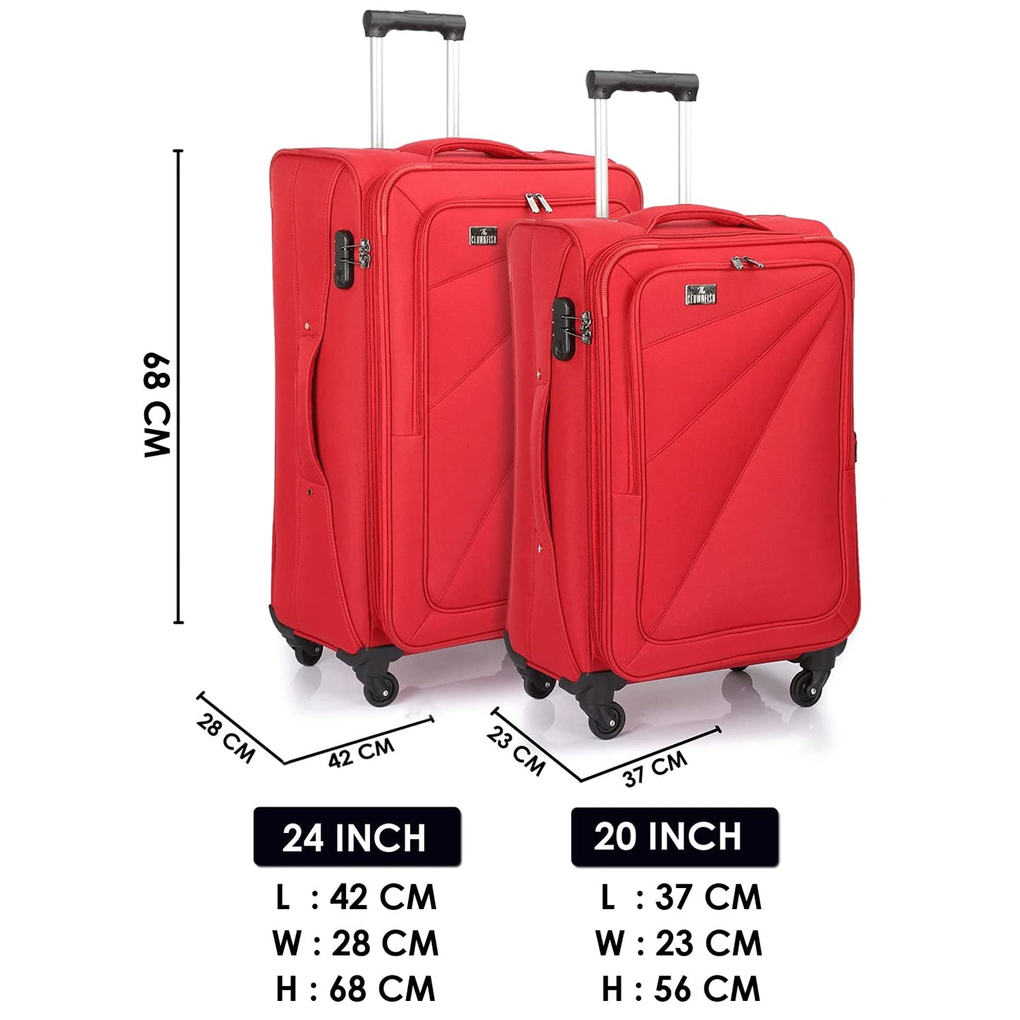 THE CLOWNFISH Combo of 2 Farren Series Luggage Polyester Softcase Suitcases Varied Sizes Four Wheel Trolley Bags - Red (68 cm, 56 cm)