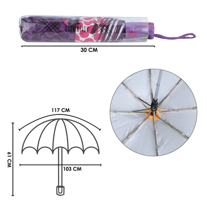 THE CLOWNFISH Umbrella 3 Fold Auto Open Waterproof Pongee Double Coated Silver Lined Umbrellas For Men and Women (Printed Design- Deep Magenta)