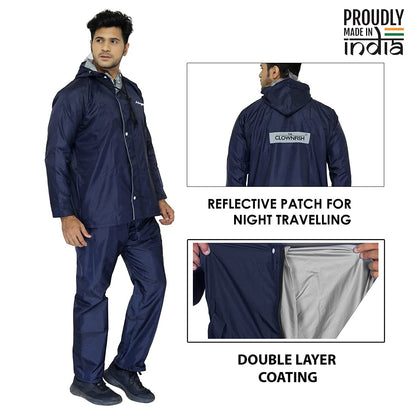 THE CLOWNFISH Rain Coat Waterproof Raincoat With Pants Polyester Reversible Double Layer Standard Length Rain Coat For Men Bike Rain Suit Jacket Suit Inner Mobile Pocket With Storage Bag(Blue Xxl)