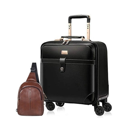 THE CLOWNFISH Combo of Minlu Baoluo Faux Leather 8 Wheel Travel Suitcase (Black) Delight Sling Bag (Caramel Brown)