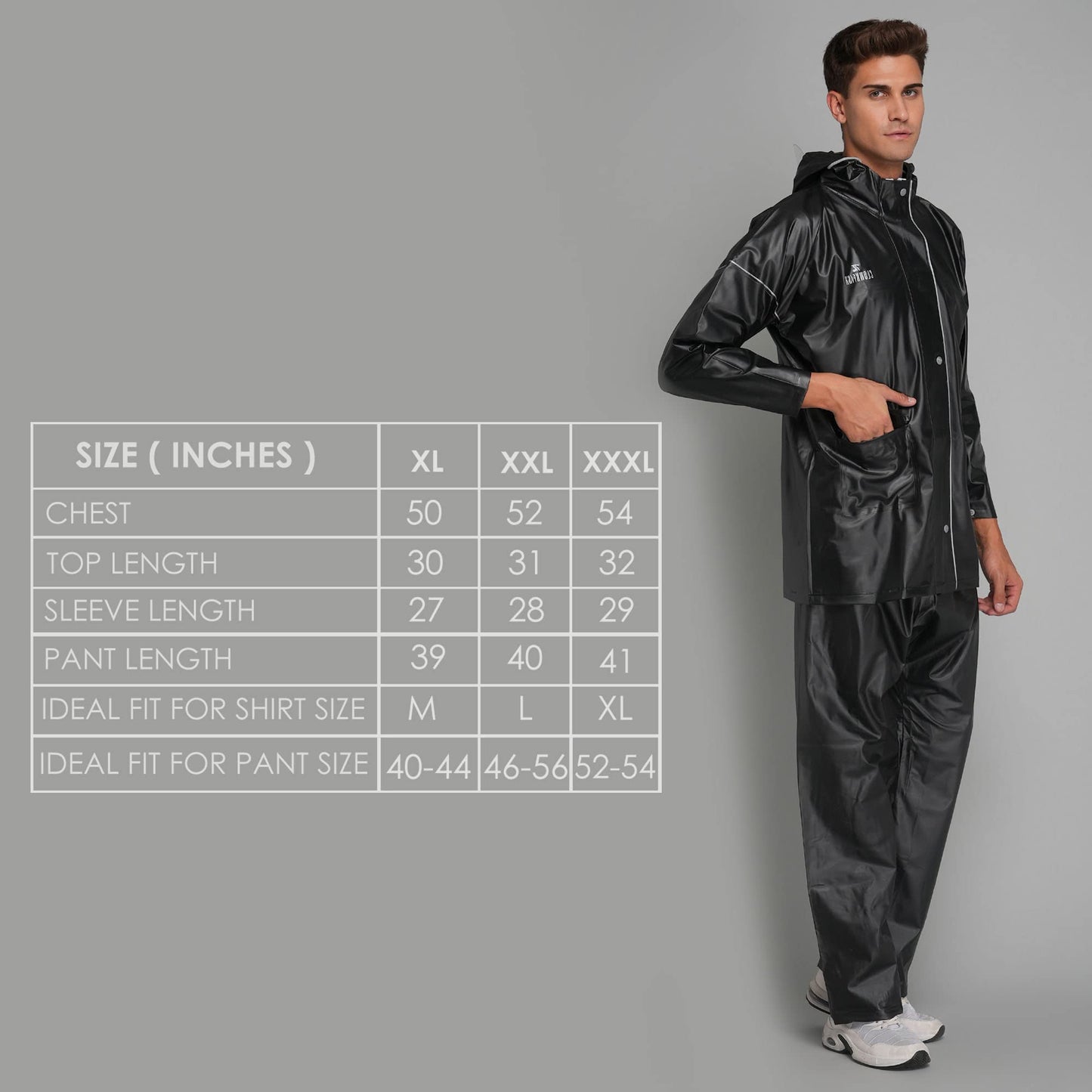 THE CLOWNFISH Oceanic Pro Series Men's Waterproof PVC Raincoat with Hood and Reflector Logo at Back for Night Travelling. Set of Top and Bottom (Black, XXL)