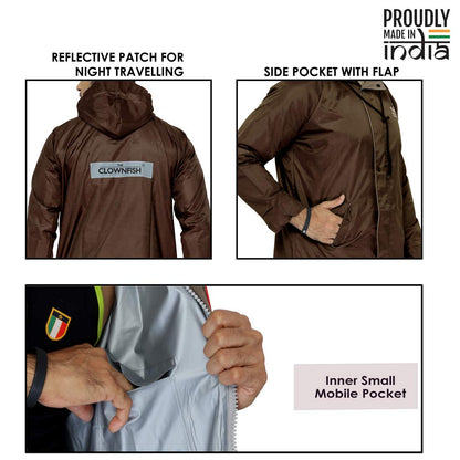 THE CLOWNFISH Prime Series Reversible Men's Polyester Double Layer Waterproof Raincoat with Hood and Reflector logo at Back for Night Travelling (Prime Brown, 2x_l)