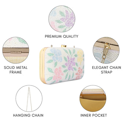 THE CLOWNFISH Norah Collection Womens Party Clutch Ladies Wallet with Chain Strap Evening Bag with Fashionable Round Corners Beads Work Floral Design (White)