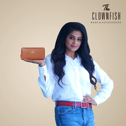 THE CLOWNFISH Monalisa Collection Genuine Leather Womens Wallet Clutch Ladies Purse with Multiple Card Slots & Metal Zip Around Closure (Tan)