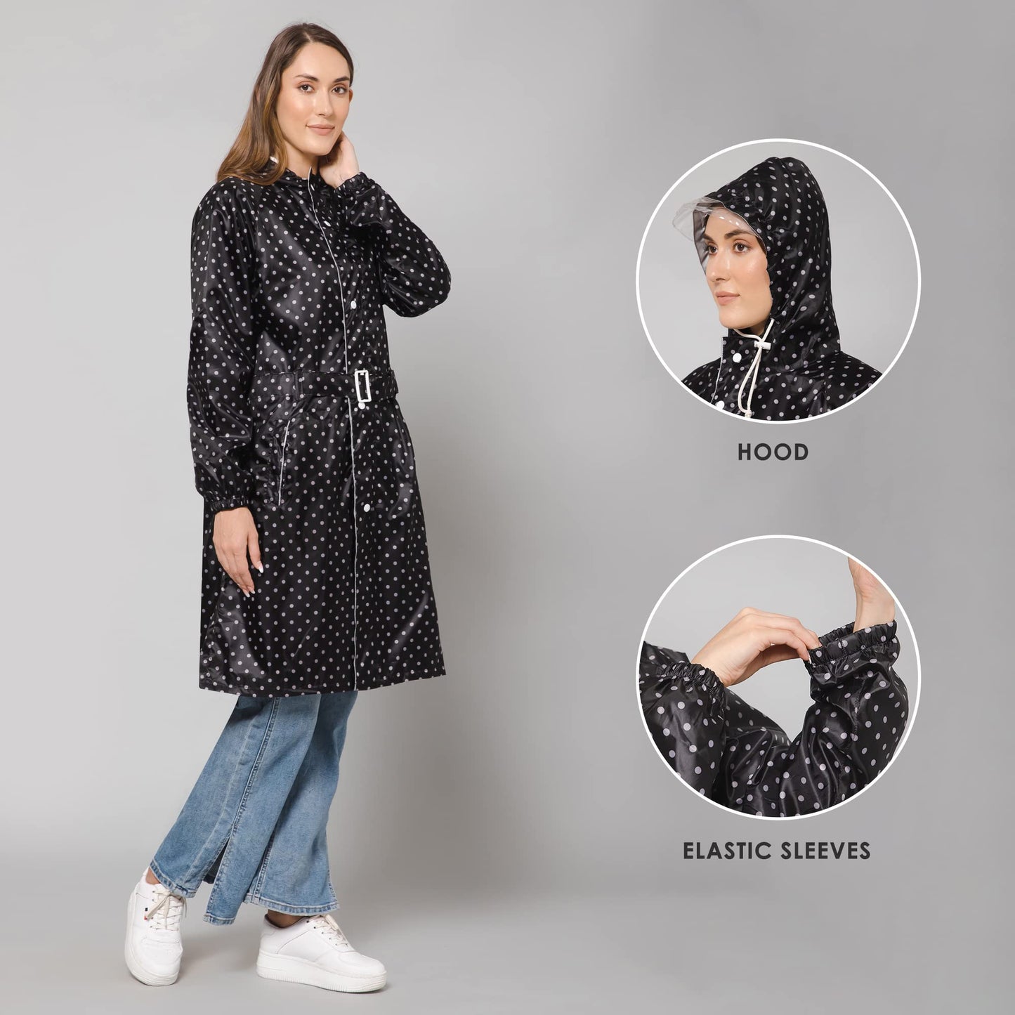 THE CLOWNFISH Raincoats for Women Rain Coat for Women Longcoat Raincoat for Ladies Waterproof Reversible Double Layer. Dotty Delight Series (Black, XX-Large)