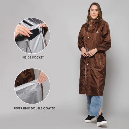 THE CLOWNFISH Polyester Raincoats For Women Rain Coat For Women Raincoat For Ladies Waterproof Reversible Double Layer. Drizzle Diva Series (Brown, Xxx-Large)