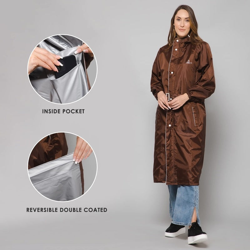 THE CLOWNFISH Polyester Raincoats For Women Raincoat For Ladies Waterproof Reversible Double Layer. Drizzle Diva Series (Brown, X-Large)