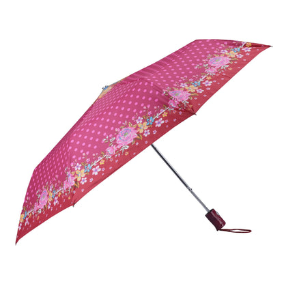 THE CLOWNFISH Umbrella Polka Dot Series 3 Fold Auto Open Waterproof Water Repellent Nylon Double Coated Silver Lined Umbrellas For Men and Women (Pink with maroon border)