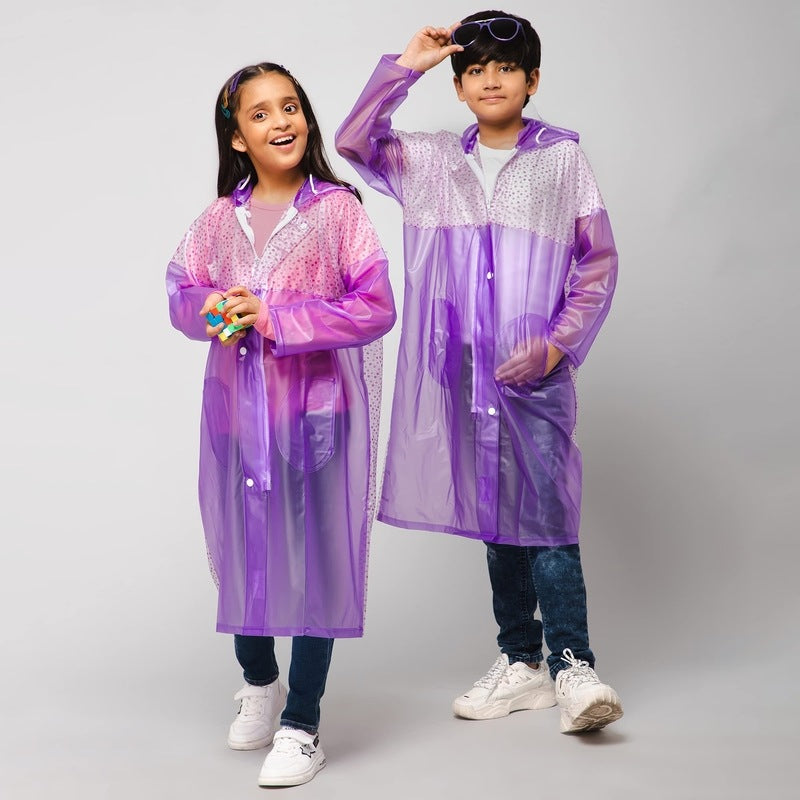 THE CLOWNFISH Drip Dude Series Unisex Kids Waterproof Single Layer PVC Longcoat/Raincoat with Adjustable Hood. Age-4-5 Years (Purple)