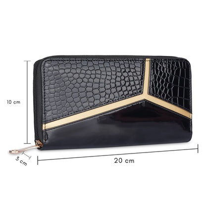 THE CLOWNFISH Katherine Collection Faux Leather Zip Around Style Womens Wallet Clutch Handheld Ladies Purse (Jet Black-Crocodile Finish)