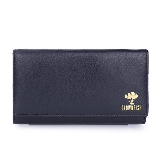 THE CLOWNFISH Elsa Collection Genuine Leather Tri-Fold Womens Wallet Clutch Ladies Purse with Multiple Card Slots & ID Card Windows (Navy Blue)